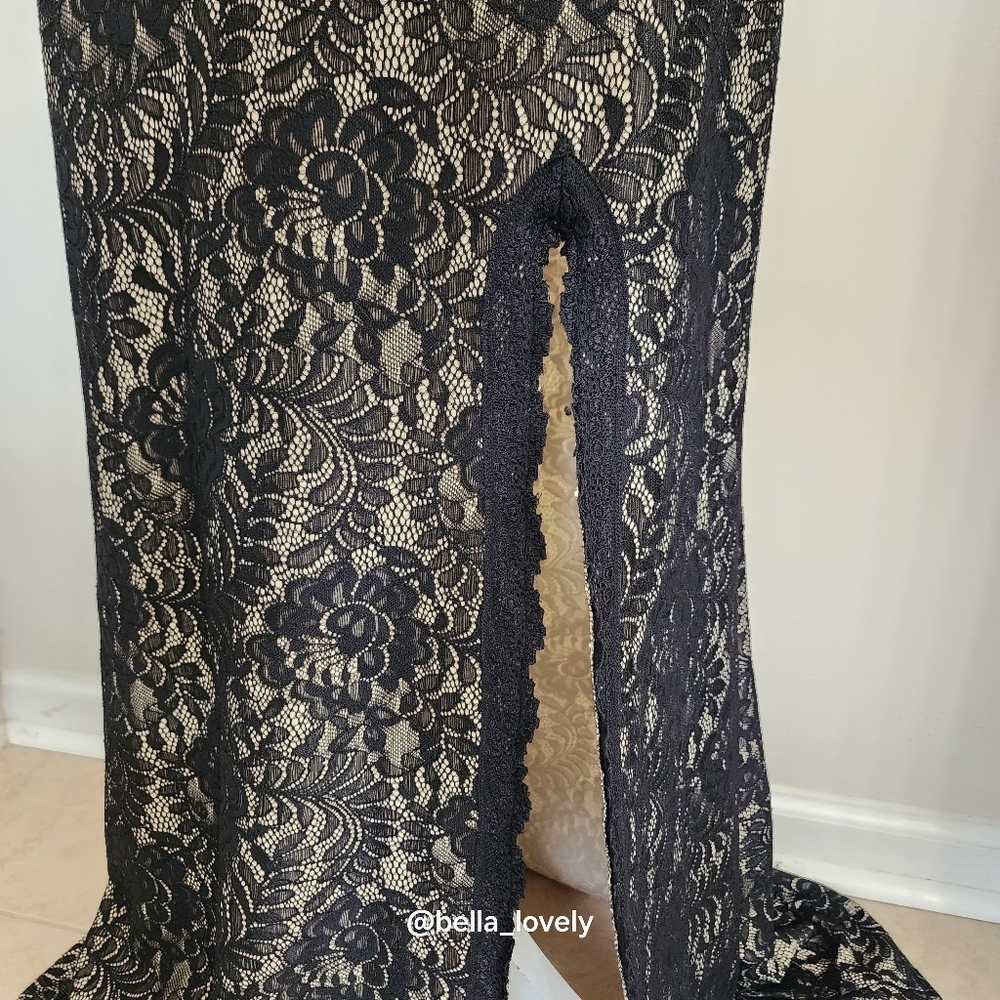 Formal Elegant Black Cream Lace Backless Sheer Back Dress - Picture 8 of 12